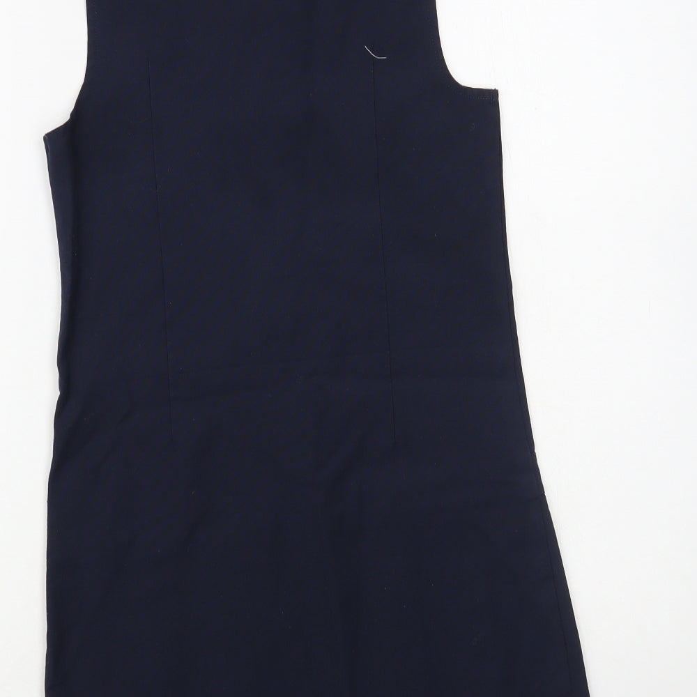 Marks & Spencer Girls Blue Polyester Pinafore/Dungaree Dress Size 9-10 Years Round Neck Zip - Schoolwear