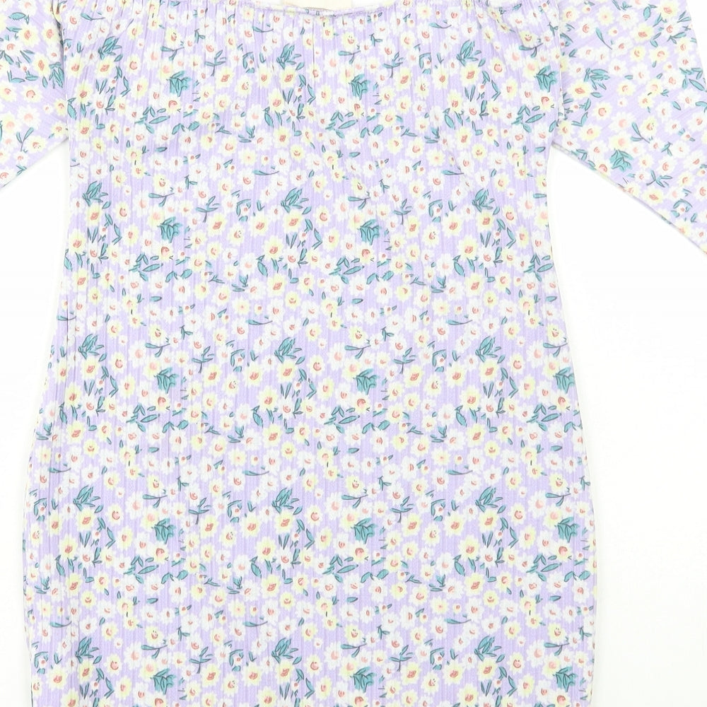 Kiss the Sky Womens Purple Floral Polyester Bodycon Size L Square Neck Pullover