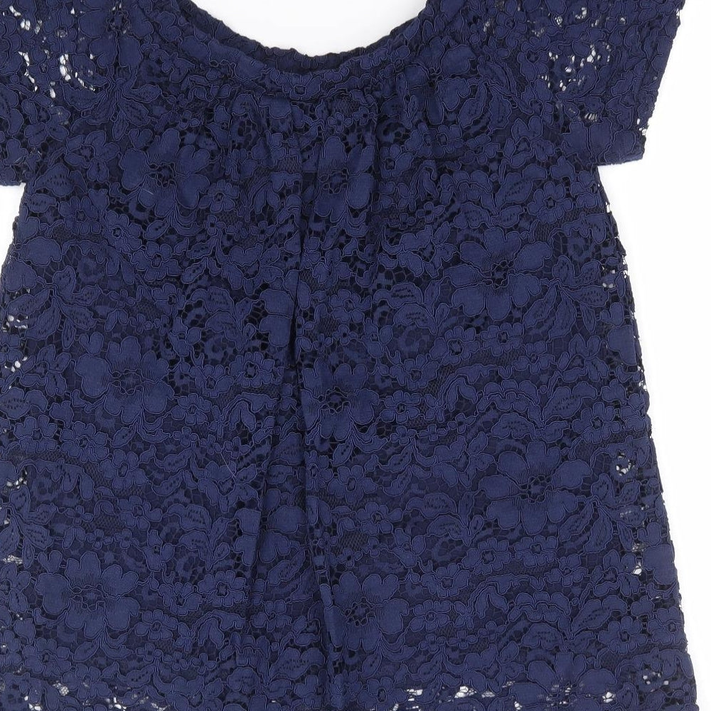 Peacocks Womens Blue Floral Nylon Jersey Blouse Size 10 Off the Shoulder - Bardot