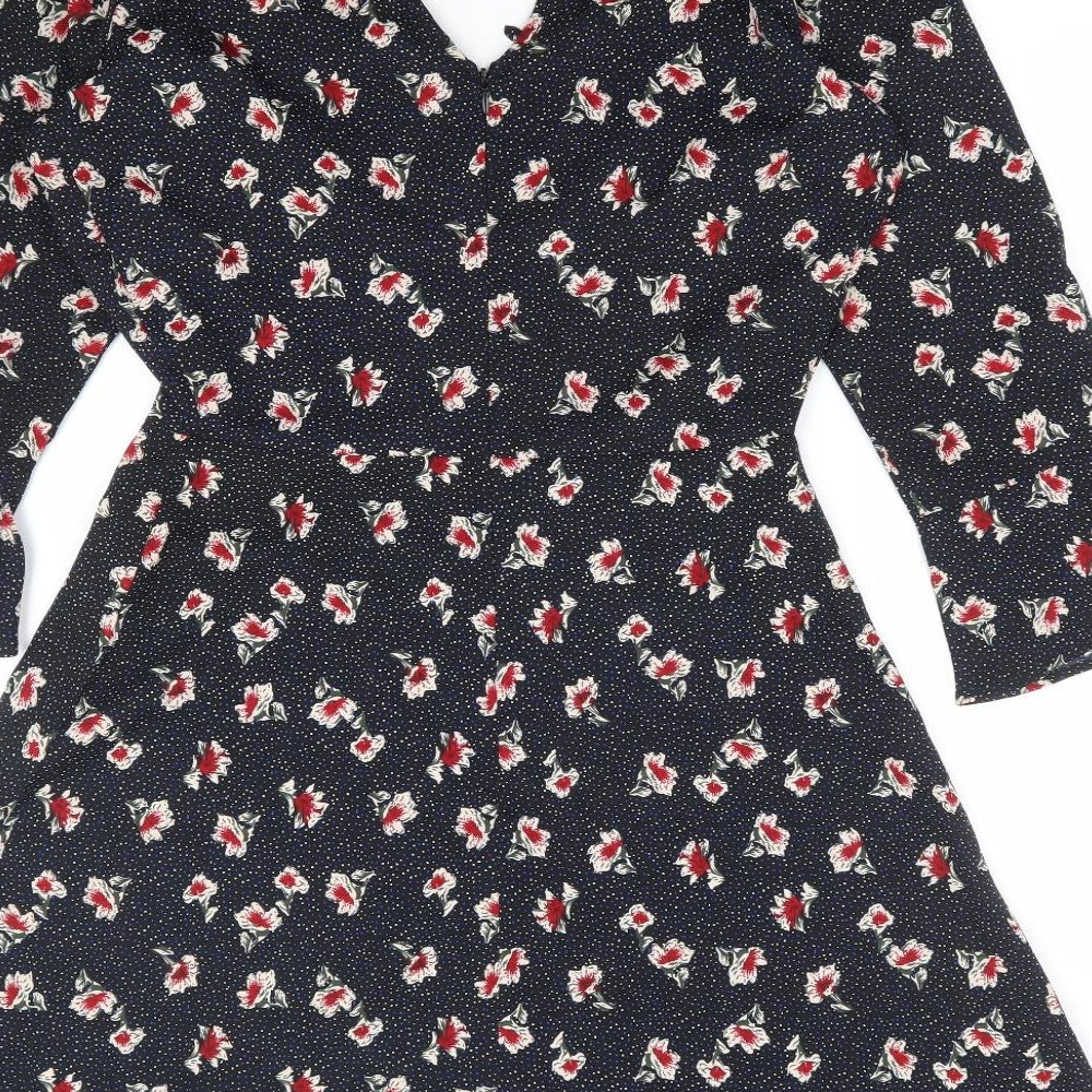 Influence Womens Black Floral Polyester A-Line Size 8 V-Neck Zip