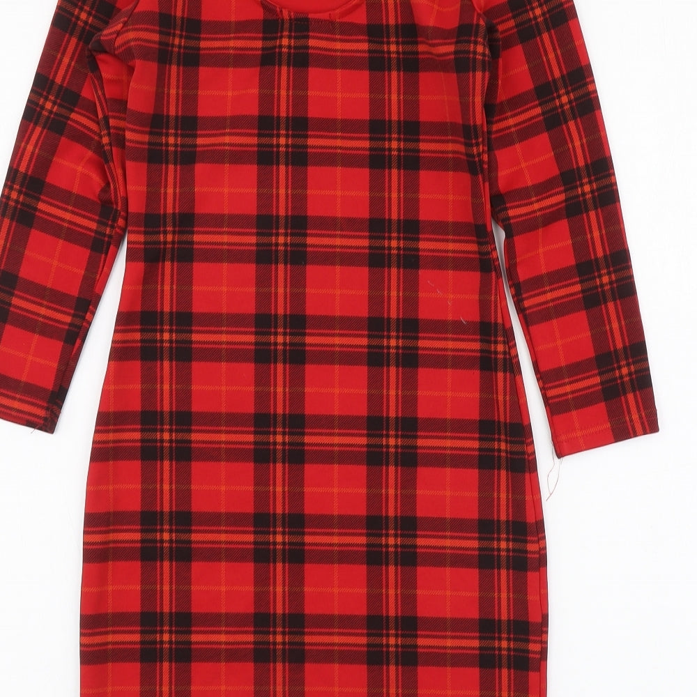 Exhibit Womens Red Plaid Polyester A-Line Size 8 Round Neck