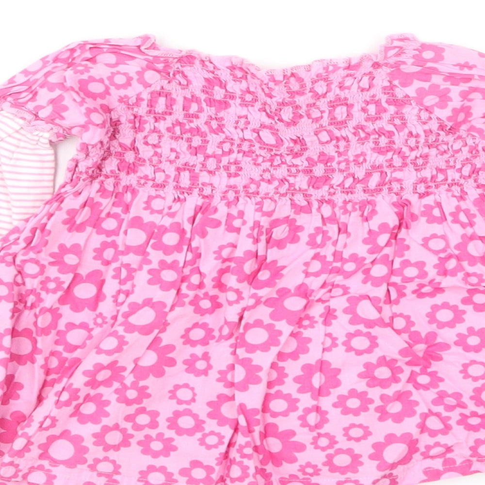 Marks & Spencer Girls Pink Floral Cotton Skater Dress Size 12-18 Months Round Neck Pullover