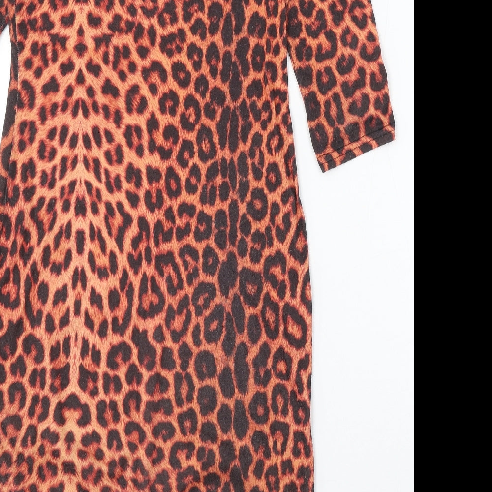 Club L Womens Brown Animal Print Polyester Sheath Size 12 Round Neck - Leopard Print