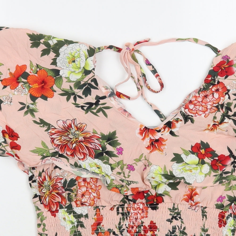 Dotti Womens Pink Floral Viscose Cropped Blouse Size 12 V-Neck