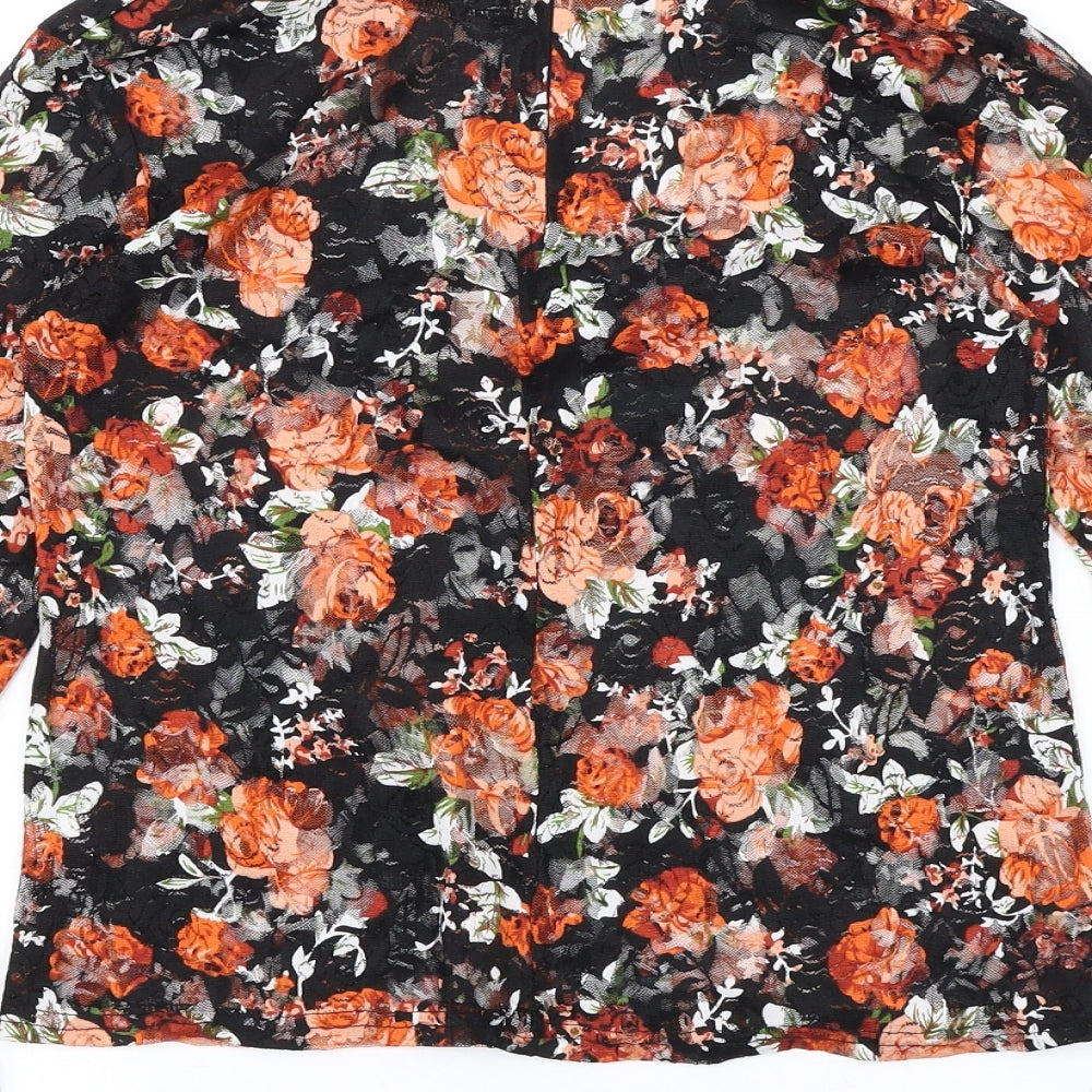 Mirumi Womens Black Floral Polyester Basic T-Shirt Size S Round Neck