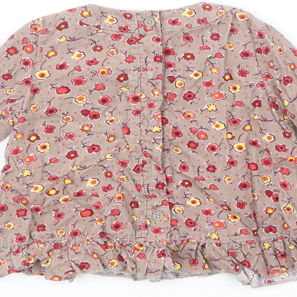 Marks & Spencer Girls Brown Floral Cotton Shift Size 6-9 Months Round Neck Button
