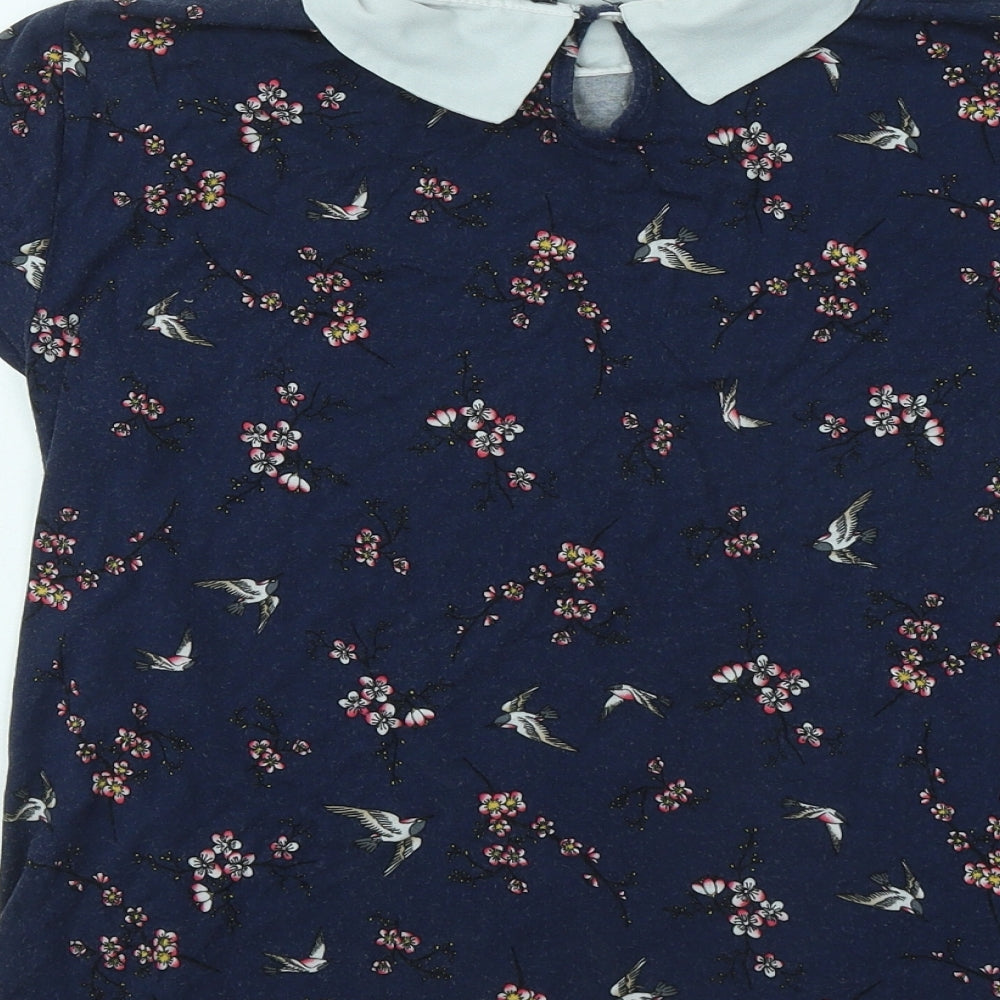 Atmoshpere Womens Blue Floral Viscose Basic T-Shirt Size 10 Collared