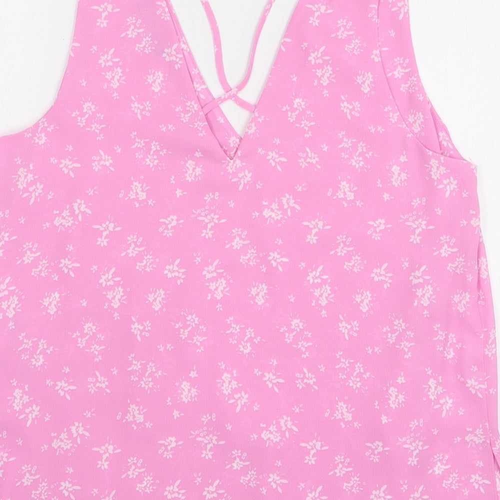 Dunnes Womens Pink Floral Polyester Basic Blouse Size S V-Neck