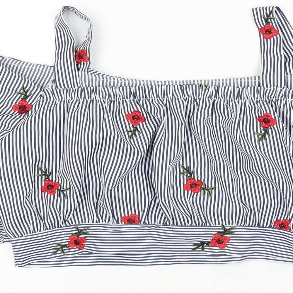 Parisian Signature Womens Blue Striped Polyester Cropped Blouse Size M Square Neck - Flower