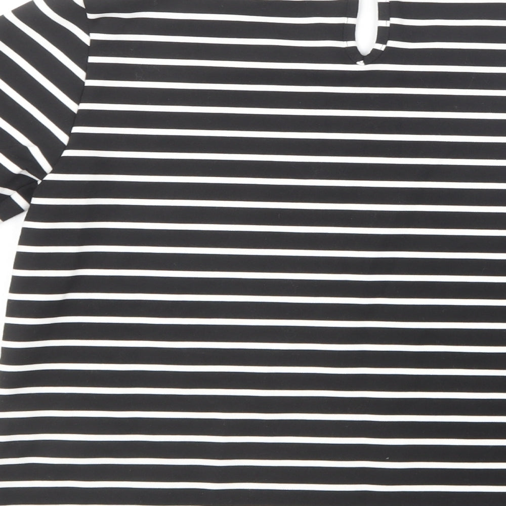 Oasis Womens Black Striped Polyester Basic T-Shirt Size XS Round Neck