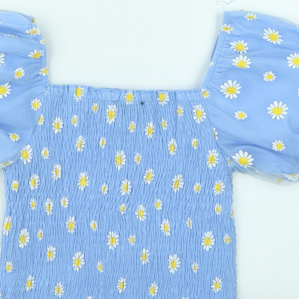 Cameo Rose Womens Blue Floral Polyimide Basic T-Shirt Size S Round Neck - Puff Sleeves
