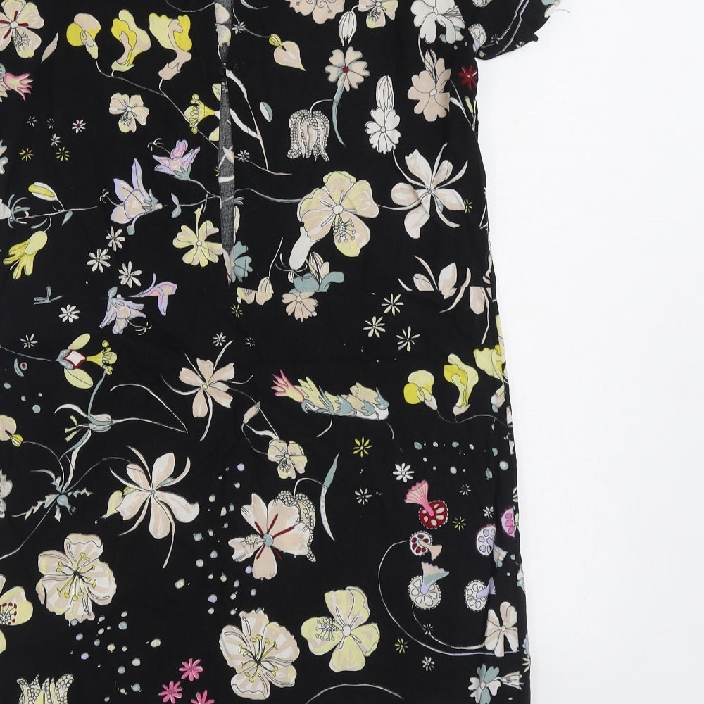 H&M Womens Black Floral Viscose Sheath Size 8 Boat Neck Button