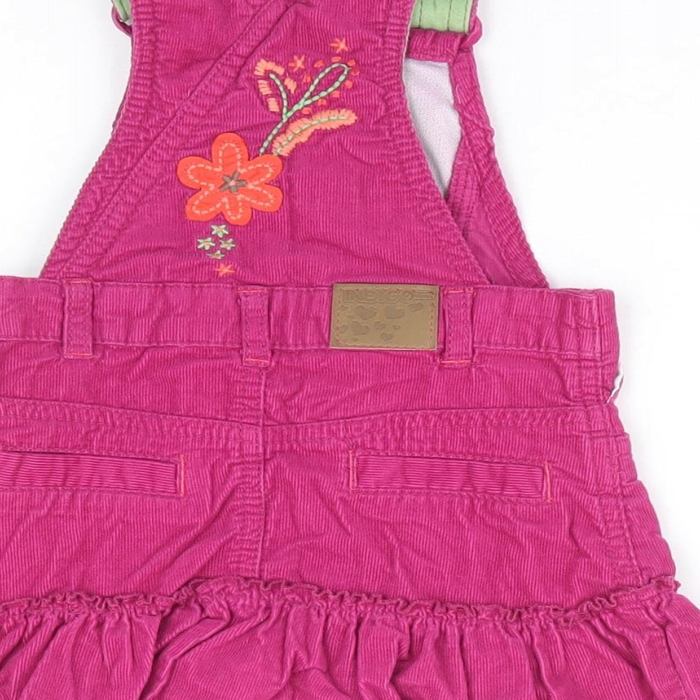 Marks & Spencer Girls Purple Floral 100% Cotton Pinafore/Dungaree Dress Size 6-9 Months Square Neck Button
