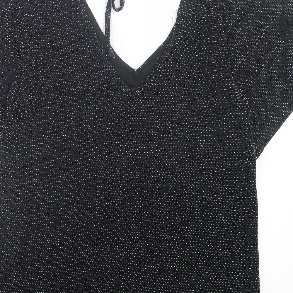 Peacocks Womens Black Polyamide Basic T-Shirt Size 8 V-Neck