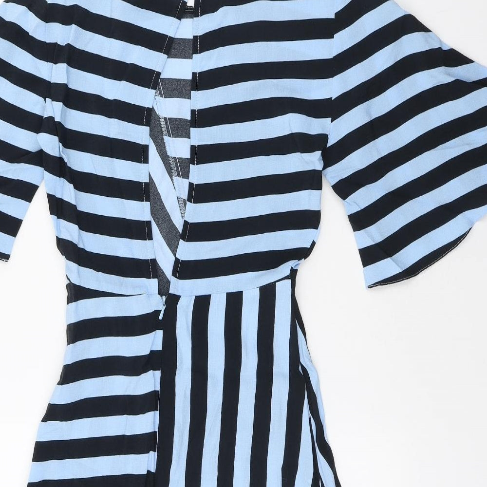 Topshop Womens Blue Striped Viscose Shift Size 6 Scoop Neck Hook & Loop