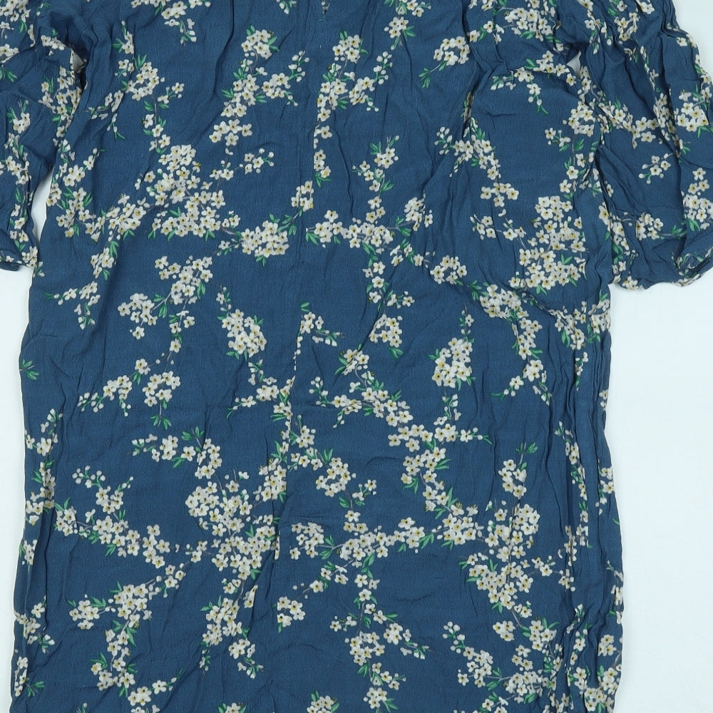 H&M Womens Blue Floral Viscose T-Shirt Dress Size 10 Round Neck Button