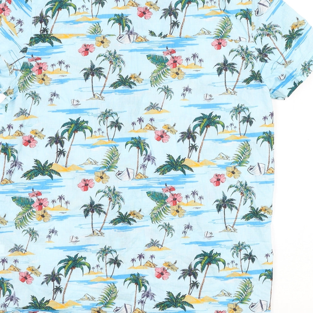 Primark Girls Blue Floral Cotton Basic Button-Up Size 13-14 Years Collared Button - Tropical