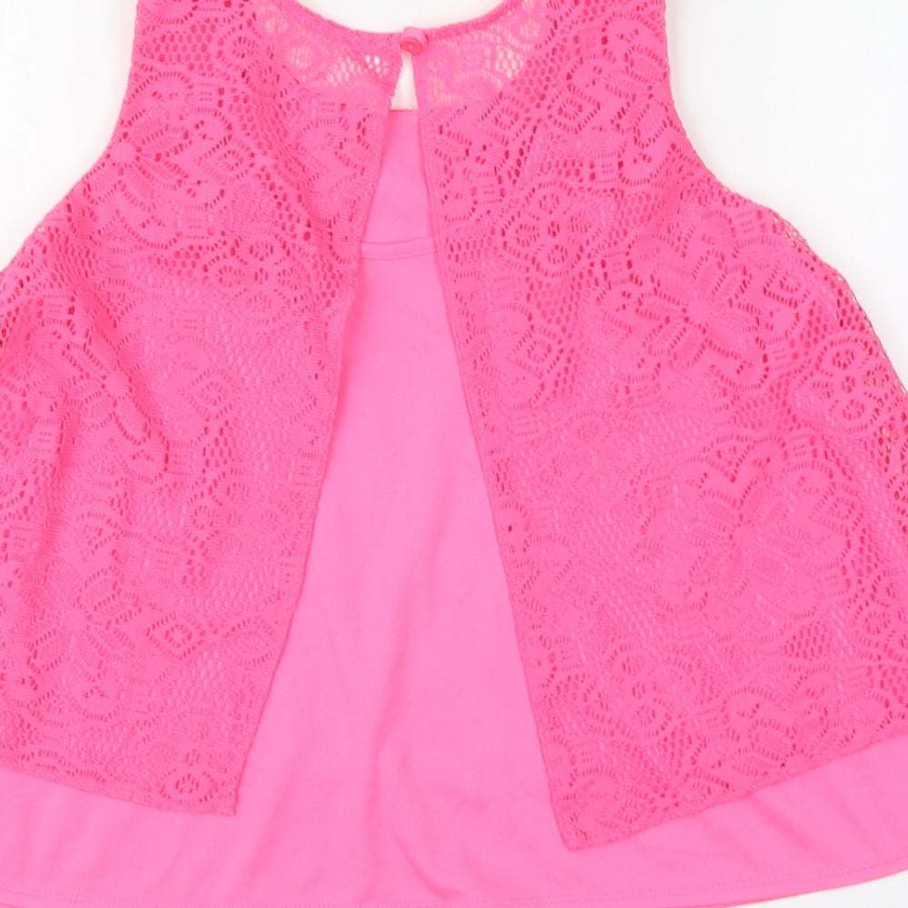 YD Girls Pink Geometric Polyester Basic Tank Size 10-11 Years Round Neck Button