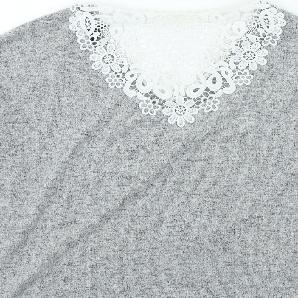 Dorothy Perkins Womens Grey V-Neck Polyester Pullover Jumper Size 12 - Lace Detailing