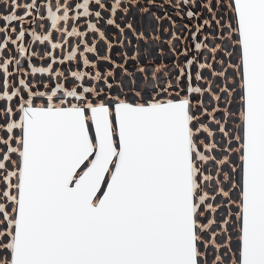 PRETTYLITTLETHING Womens Brown Animal Print Polyester Cropped Blouse Size 8 Round Neck
