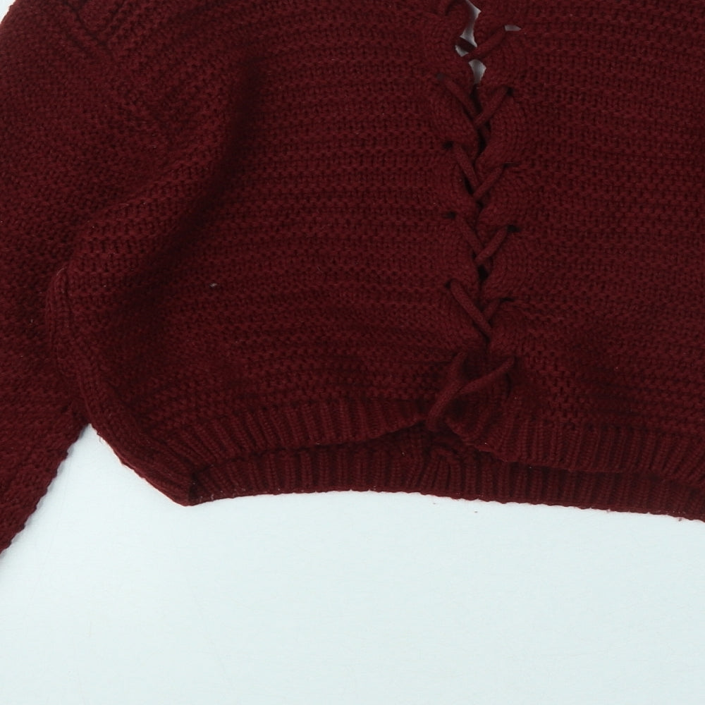Boohoo Womens Red V-Neck Acrylic Pullover Jumper Size M