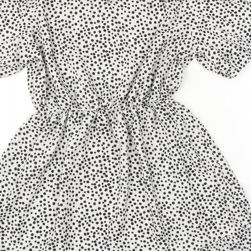 I SAW IT FIRST Womens White Polka Dot Polyester Skater Dress Size 8 Round Neck Button