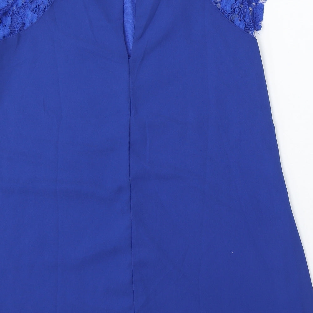 Wangmeiching Womens Blue Polyester Sheath Size L Round Neck Button - Lace Sleeves