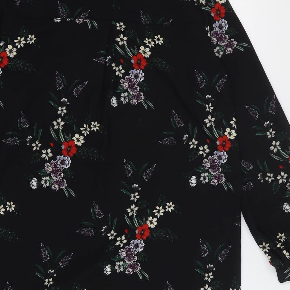H&M Womens Black Floral Polyester Shift Size 10 Round Neck Button