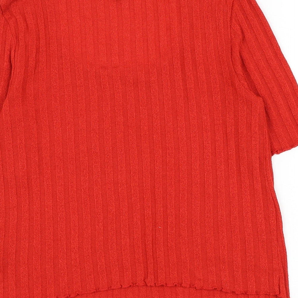Topshop Womens Red Striped Polyester Basic T-Shirt Size 12 Scoop Neck - Lettuce Hem