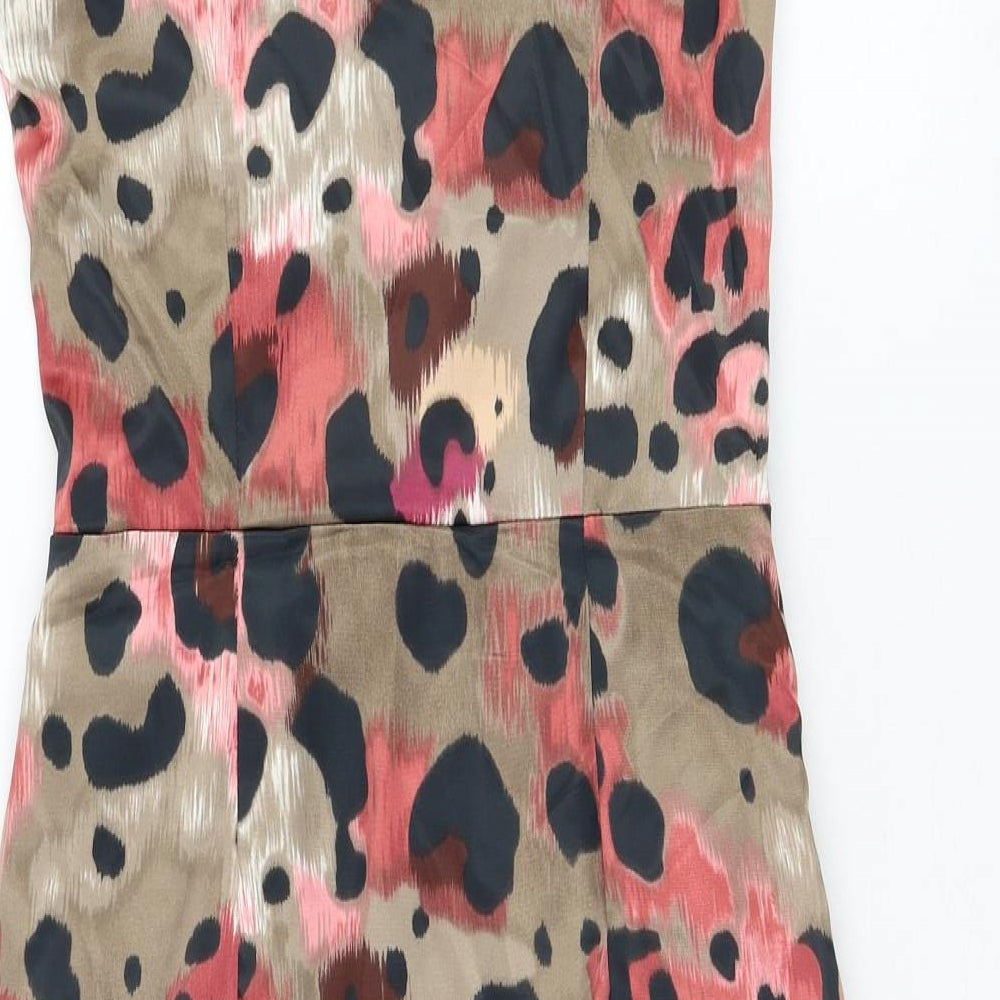 London Times Womens Brown Animal Print Polyester Mini Size 8 One Shoulder Zip - Leopard Print