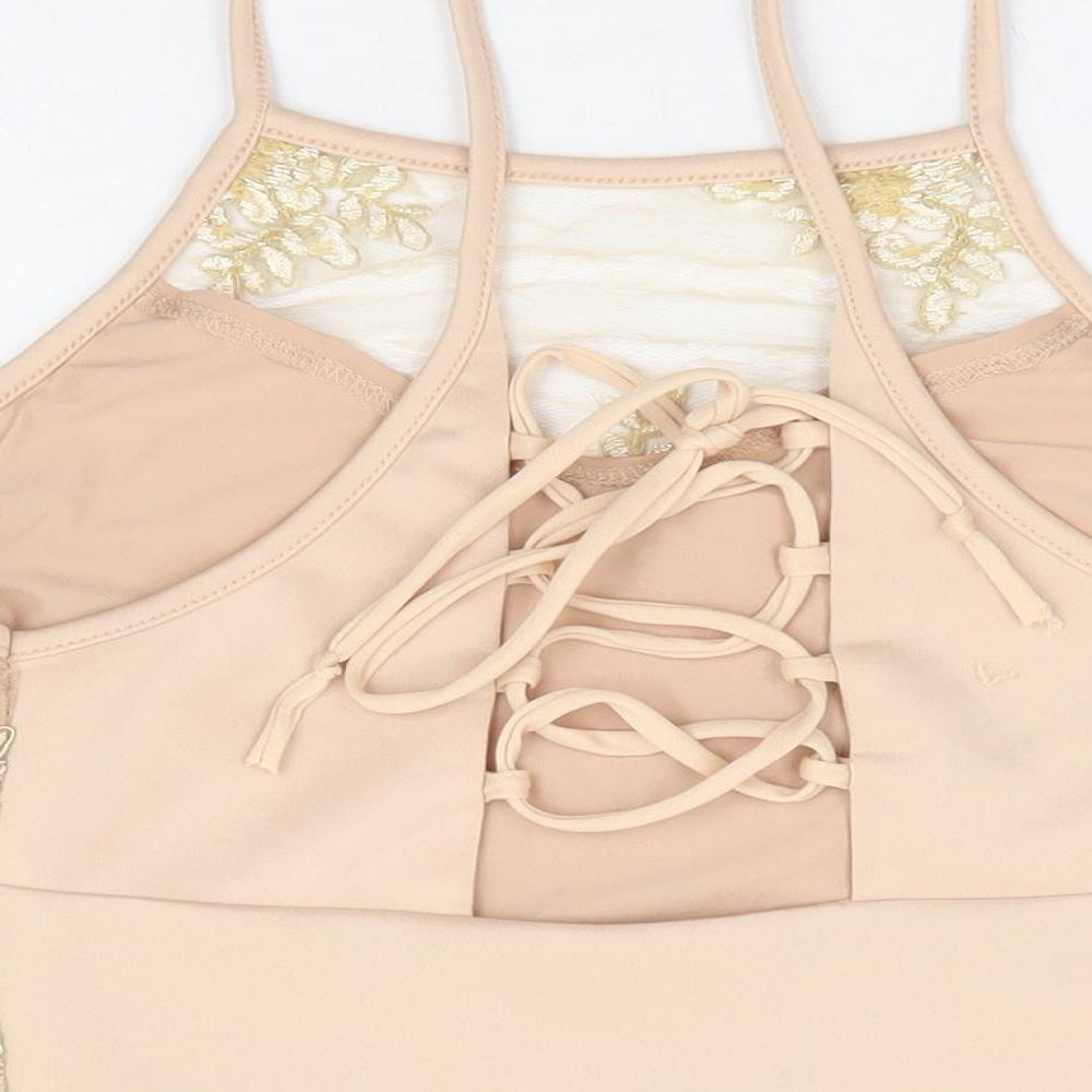 River Island Womens Beige Floral Polyester Cropped Tank Size 10 Square Neck - Corset Tie Back