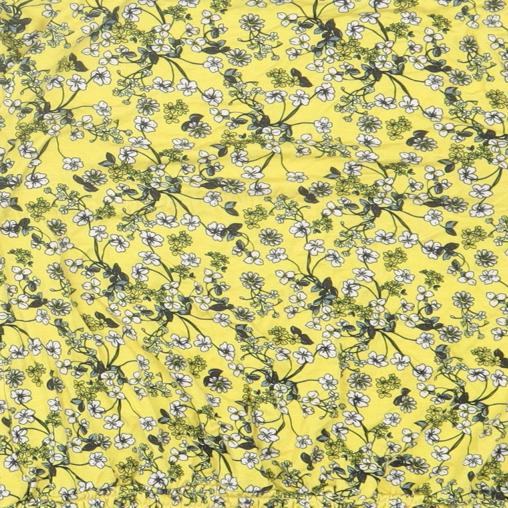 Oasis Womens Yellow Floral Viscose Basic T-Shirt Size L Off the Shoulder