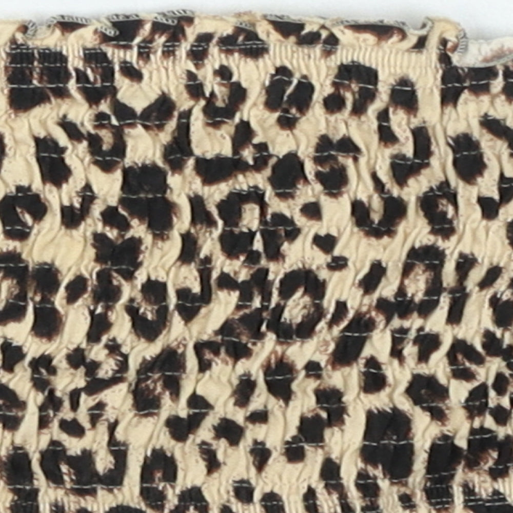 Topshop Womens Brown Animal Print Cotton Cropped Tank Size 10 Off the Shoulder - Shirred Leopard Print