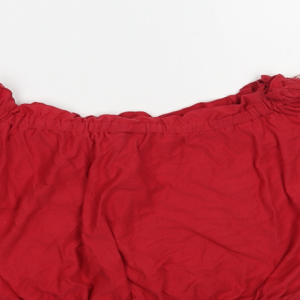 Topshop Womens Red Geometric Cotton Cropped Blouse Size 8 Off the Shoulder - Heart Pattern