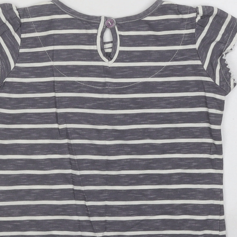 Next Girls Grey Striped Cotton Basic T-Shirt Size 9-12 Months Round Neck Button - Flowers