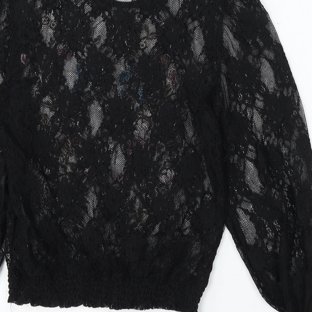 New Look Womens Black Floral Polyamide Basic Blouse Size 6 Round Neck