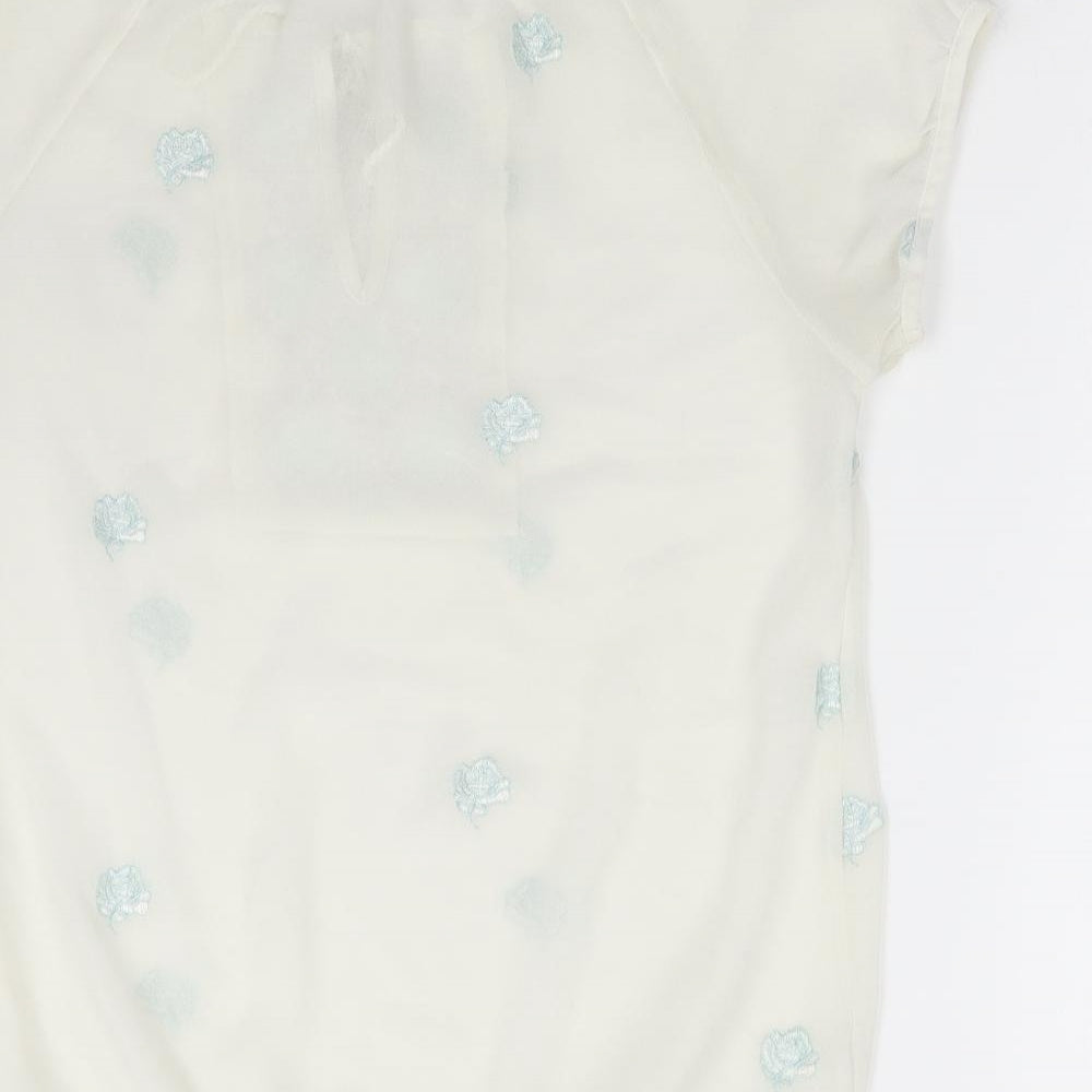 Preworn Womens White Floral Polyester Basic Blouse Size M Round Neck