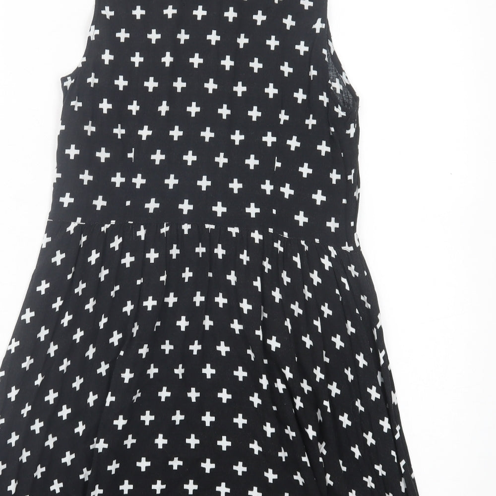 H&M Womens Black Geometric Viscose A-Line Size 12 Collared Zip - Cross Print