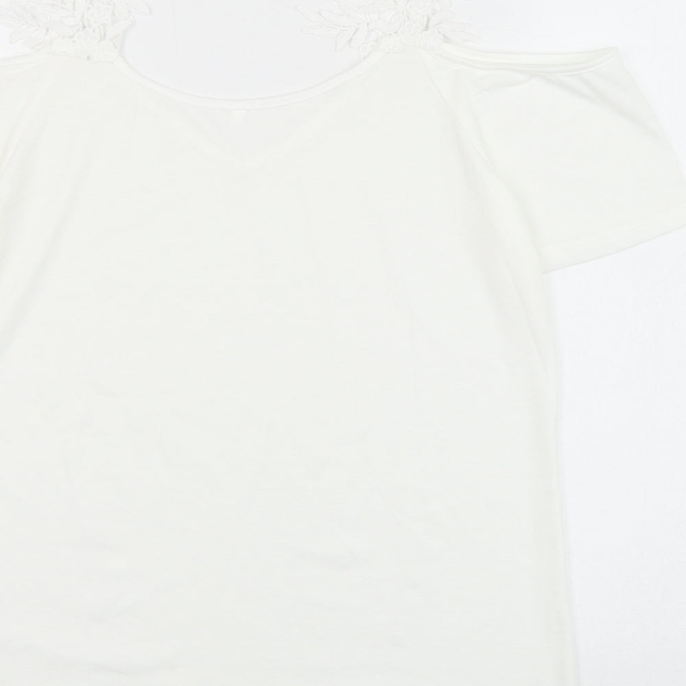 Preworn Womens White Polyester Basic Blouse Size M V-Neck - Crochet Cold Shoulder