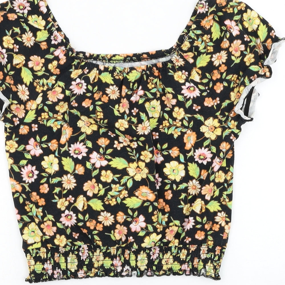 George Girls Black Floral Cotton Basic Blouse Size 11-12 Years Boat Neck Pullover
