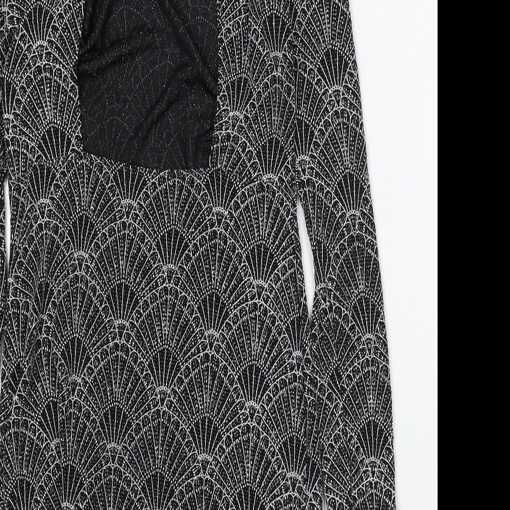 Divided by H&M Womens Black Geometric Polyester Bodycon Size 14 Round Neck Hook & Eye