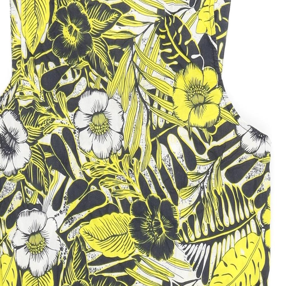 Peacocks Womens Yellow Floral 100% Cotton Tunic Blouse Size 10 V-Neck - V Neck
