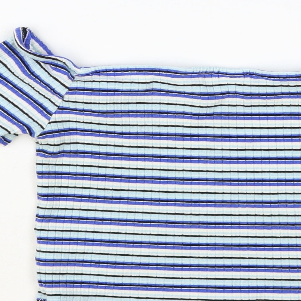 Miss Selfridge Womens Blue Striped Viscose Cropped T-Shirt Size 6 Off the Shoulder