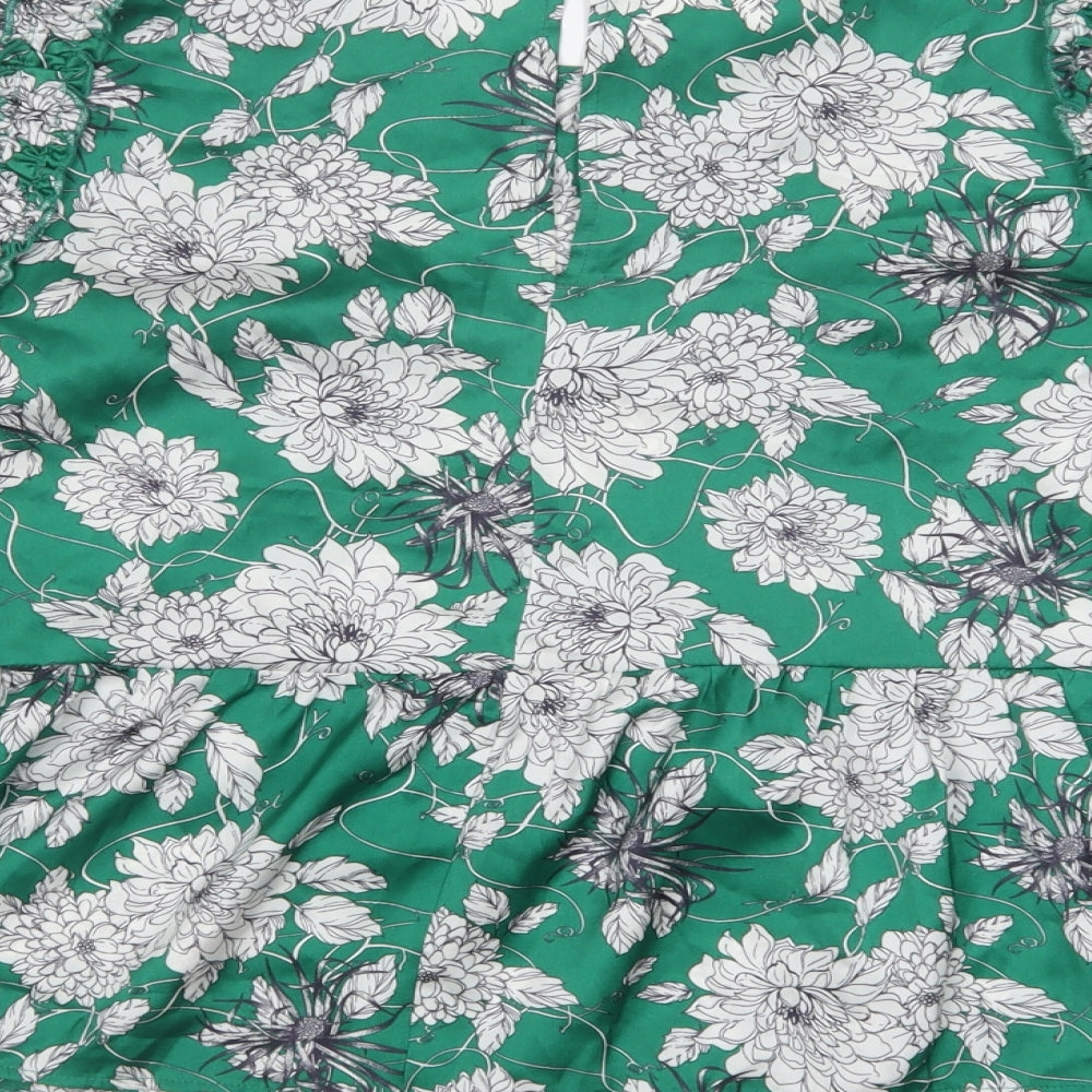 Dunnes Stores Womens Green Floral Polyester Basic Blouse Size M Round Neck - Peplum Top