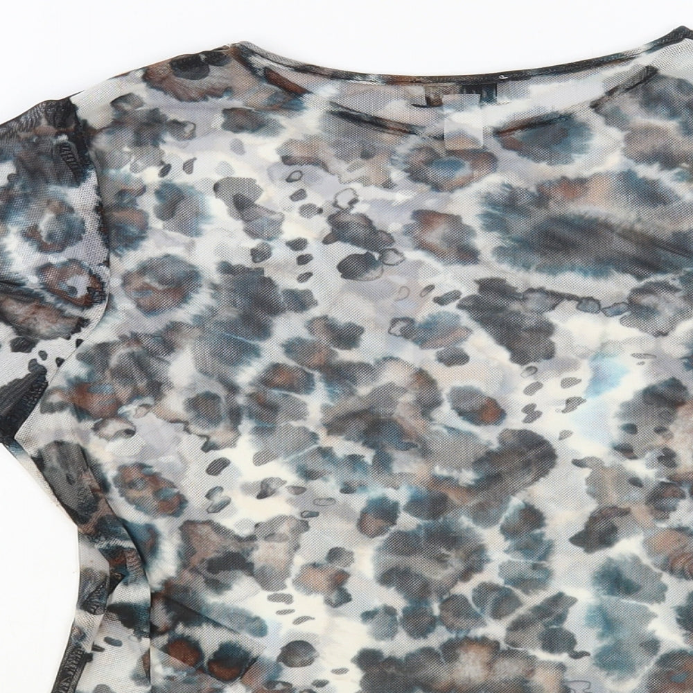 Topshop Womens Grey Animal Print Nylon Basic T-Shirt Size 10 Crew Neck