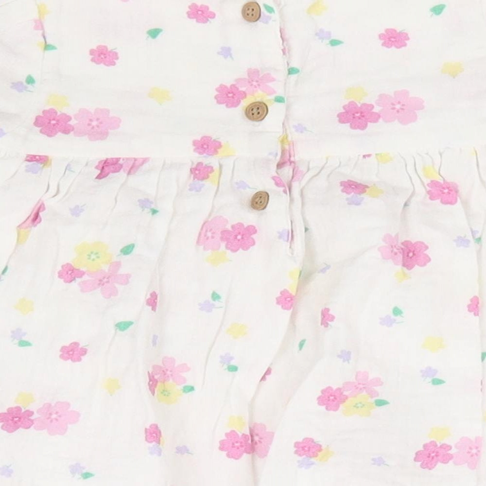 Marks & Spencer Girls White Floral 100% Cotton A-Line Size 3-6 Months Crew Neck Button