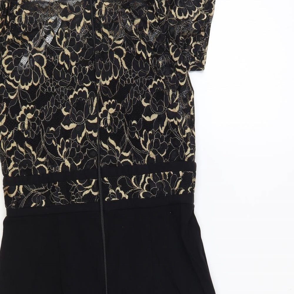 Paper Dolls Womens Black Floral Viscose Mini Size 10 Off the Shoulder Zip - Lace Detail