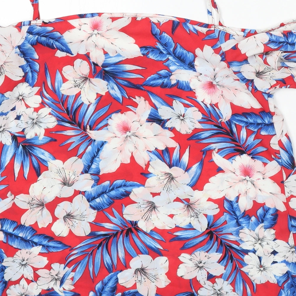 New Look Womens Red Floral Polyester Basic Blouse Size 10 Square Neck