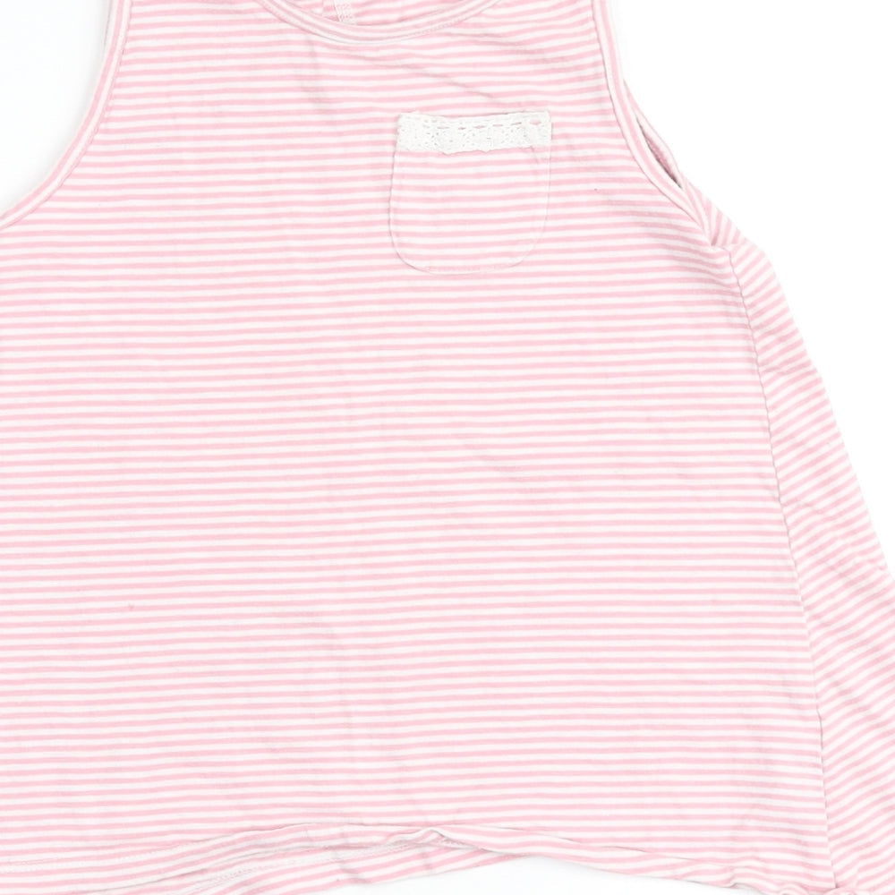 I love Girlswear Girls Pink Striped Cotton Basic Tank Size 7 Years Round Neck - Pocket Detail with lace