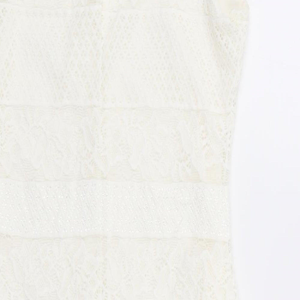 New Look Womens White Floral Nylon Bodycon Size 8 Square Neck Button